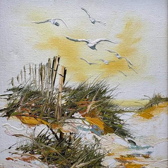Vintage Painting Beach Dunes Seagulls Nautical Wooden Frame Wall Hanging Signed - Picture 4 of 11